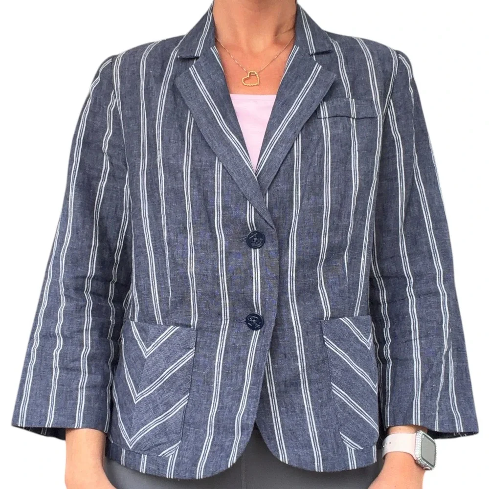 Cabi Women 8 Navy Blue White Stripe 100% Linen Anchor Button Blazer 871 Nautical